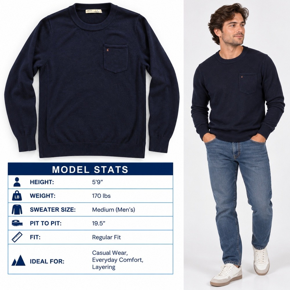 Criquet Mens Navy Blue Cotton Cashmere Blend Pocket Crewneck Sweater Medium